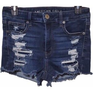 American Eagle Women' s Hi Rise Shortie Distressed Denim Jean Shorts Size 6, 28W